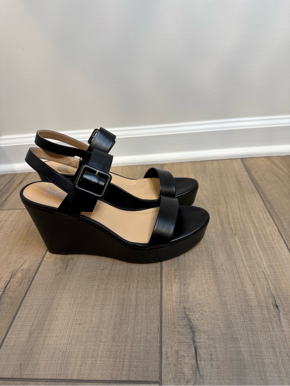 Xappeal Black Leather-Look Wedge Sandals with Buckle
